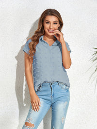 Swiss Dot Button Up Cap Sleeve Shirt Trandify deal
