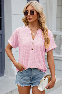 Eyelet Notched Short Sleeve T-Shirt Trandify deal
