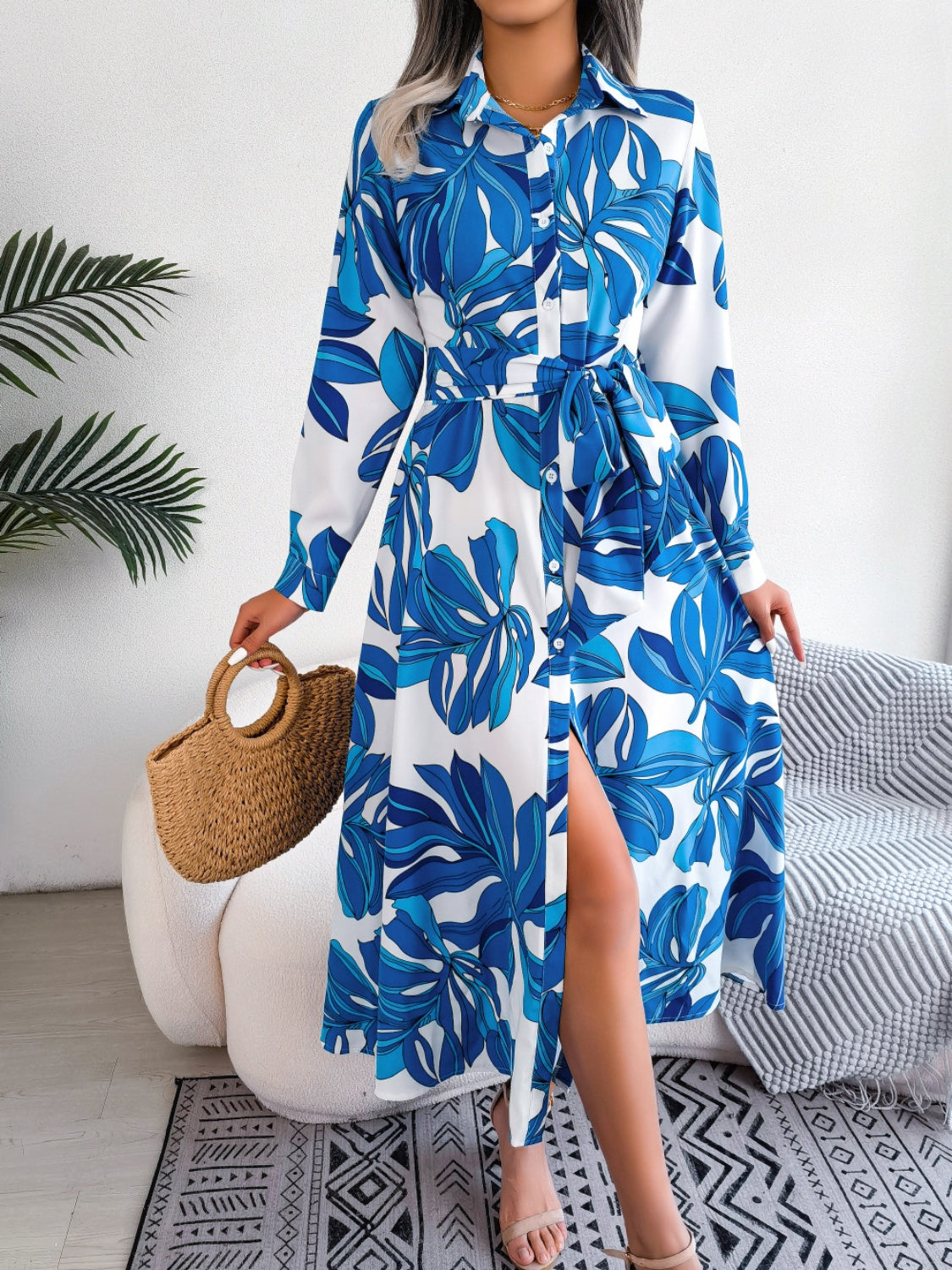 Tied Button Up Long Sleeve Dress Trendsi