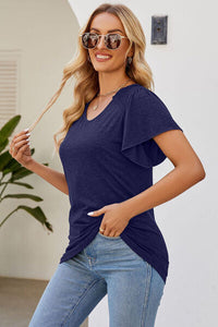 Smocked Round Neck Flutter Sleeve T-Shirt Trandify deal
