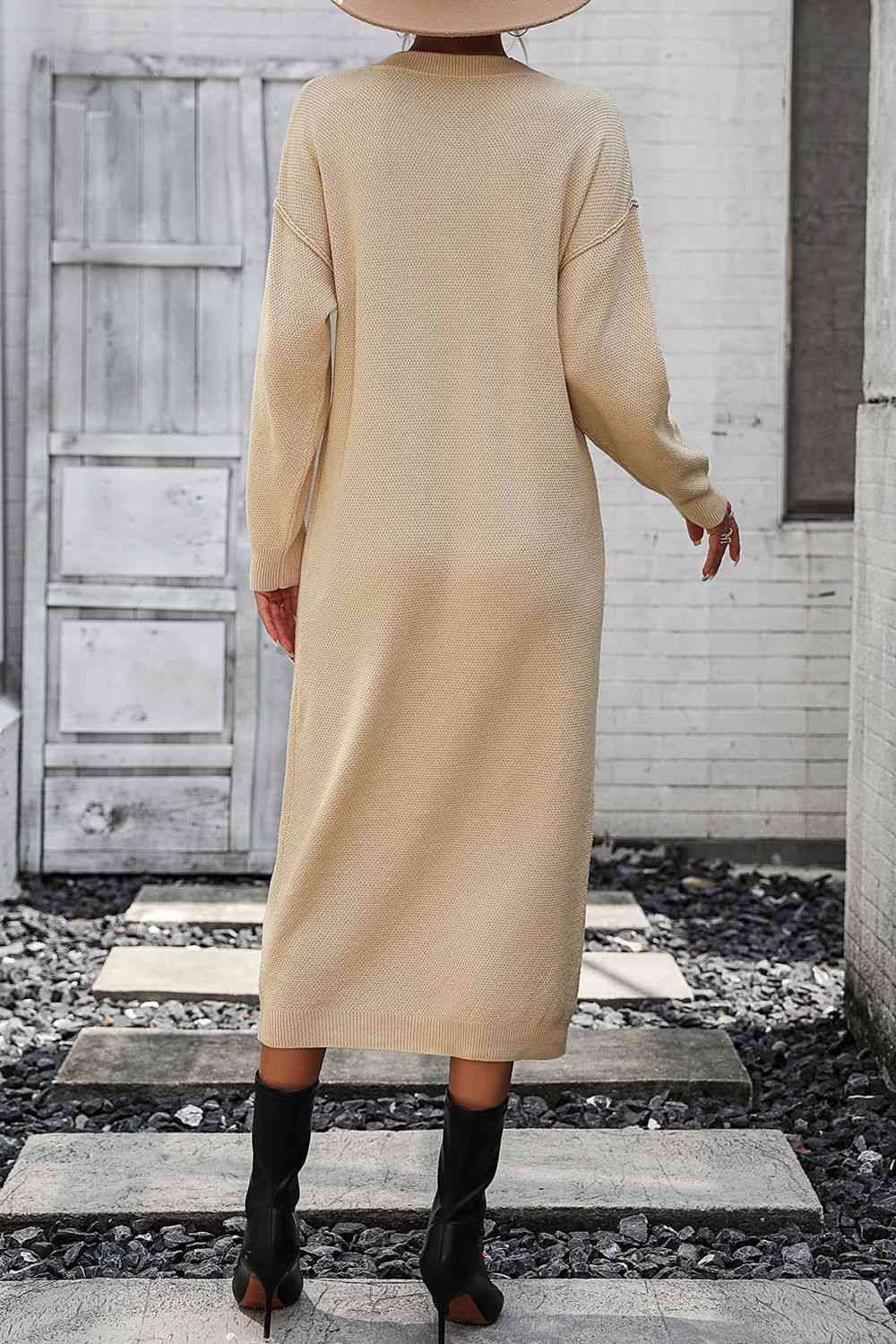Notched Neck Dropped Shoulder Button-Down Midi Dress Trandify deal