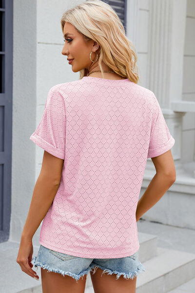Eyelet Notched Short Sleeve T-Shirt Trandify deal