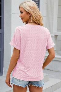 Eyelet Notched Short Sleeve T-Shirt Trandify deal