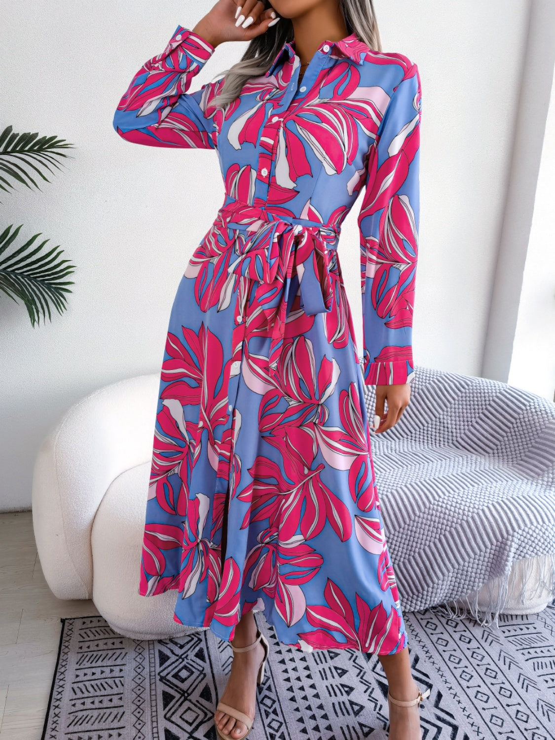 Tied Button Up Long Sleeve Dress Trendsi