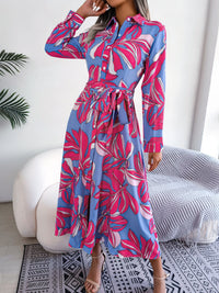 Tied Button Up Long Sleeve Dress Trendsi