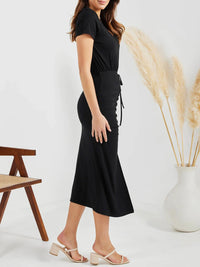 Ruched Slit V-Neck Short Sleeve Dress Trandify deal