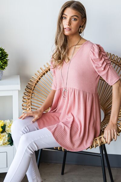 Heimish Full Size Waffle Knit V-Neck Babydoll Top Trandify deal