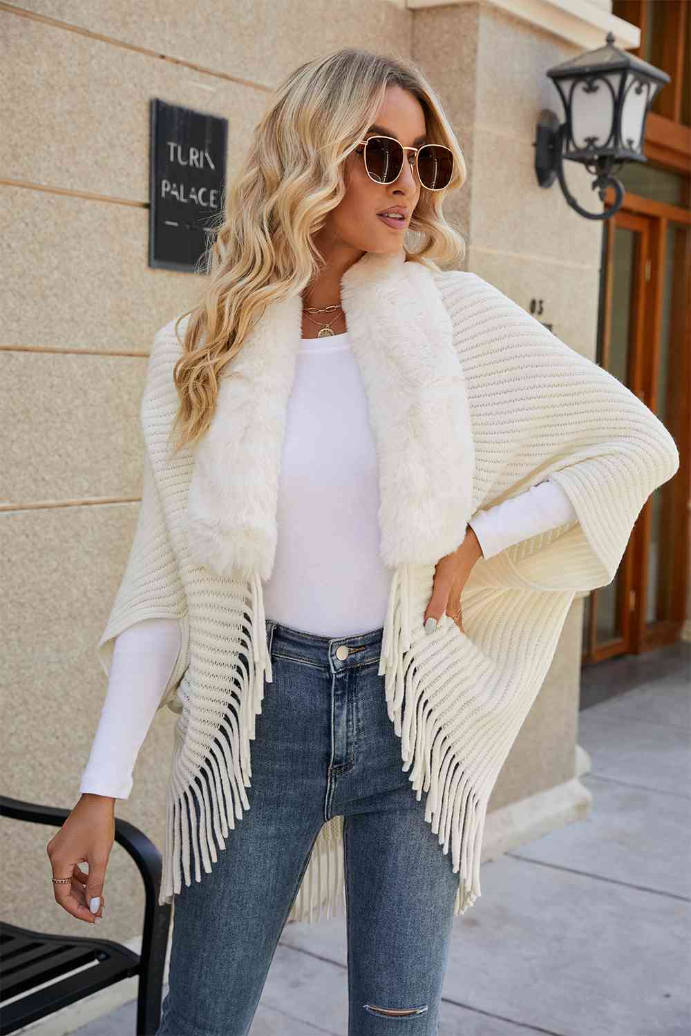Fringe Detail Long Sleeve Ribbed Poncho for Women - TrandifyDeal