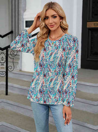Printed Round Neck Flounce Sleeve Blouse Trandify deal