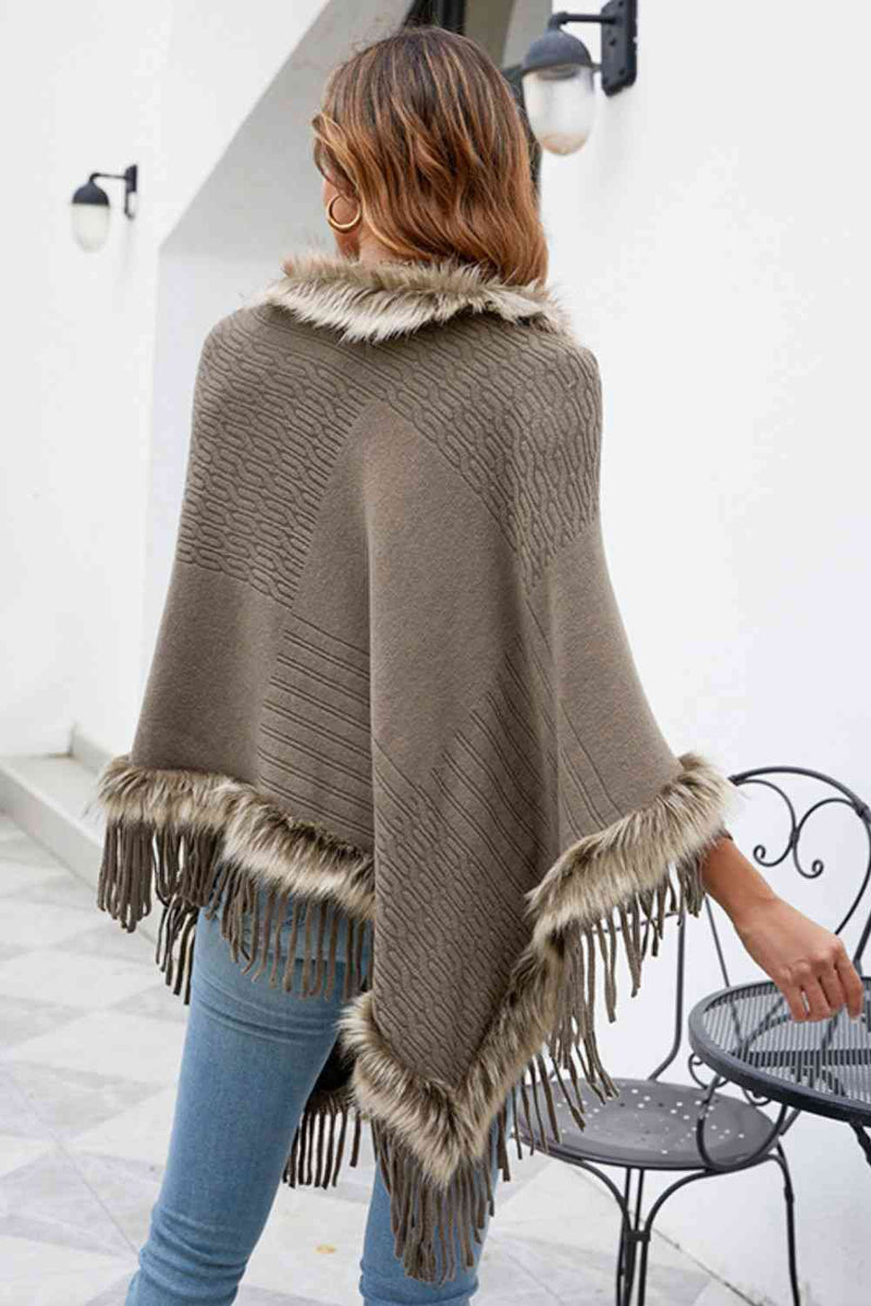 Faux Fur Trim Fringed Poncho Trandify deal