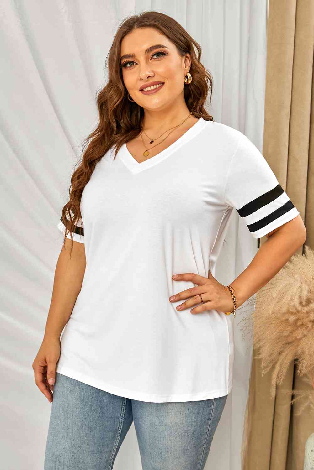 Plus Size Striped V-Neck Tee Shirt Trandify deal