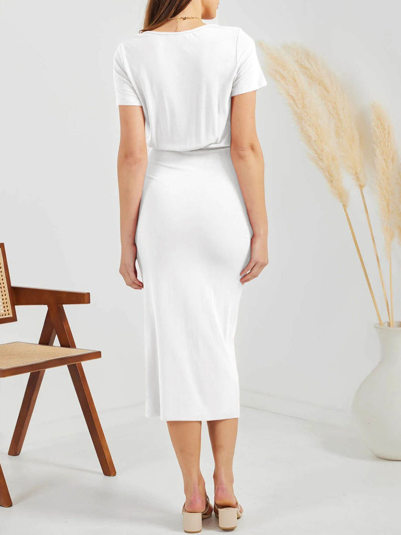 Ruched Slit V-Neck Short Sleeve Dress Trandify deal