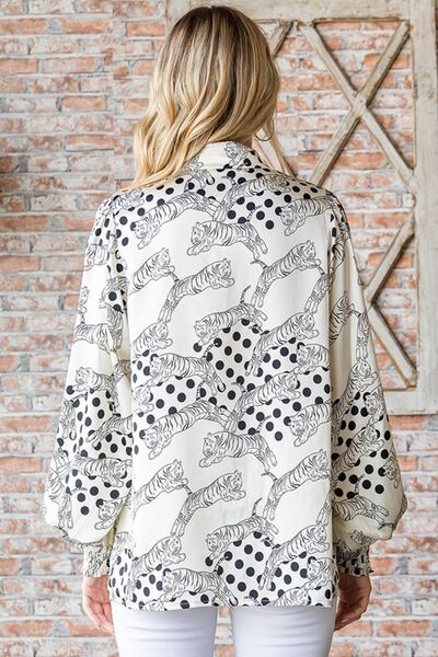 First Love Tiger Print Collared Neck Long Sleeve Satin Shirt Trandify deal