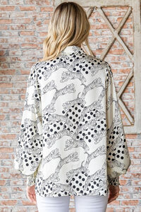 First Love Tiger Print Collared Neck Long Sleeve Satin Shirt Trandify deal