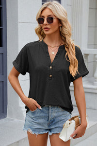 Eyelet Notched Short Sleeve T-Shirt Trandify deal