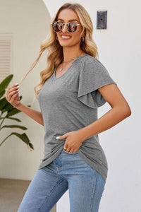 Smocked Round Neck Flutter Sleeve T-Shirt Trandify deal