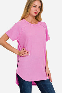 Zenana Slit Round Neck Short Sleeve Waffle Top Trandify deal