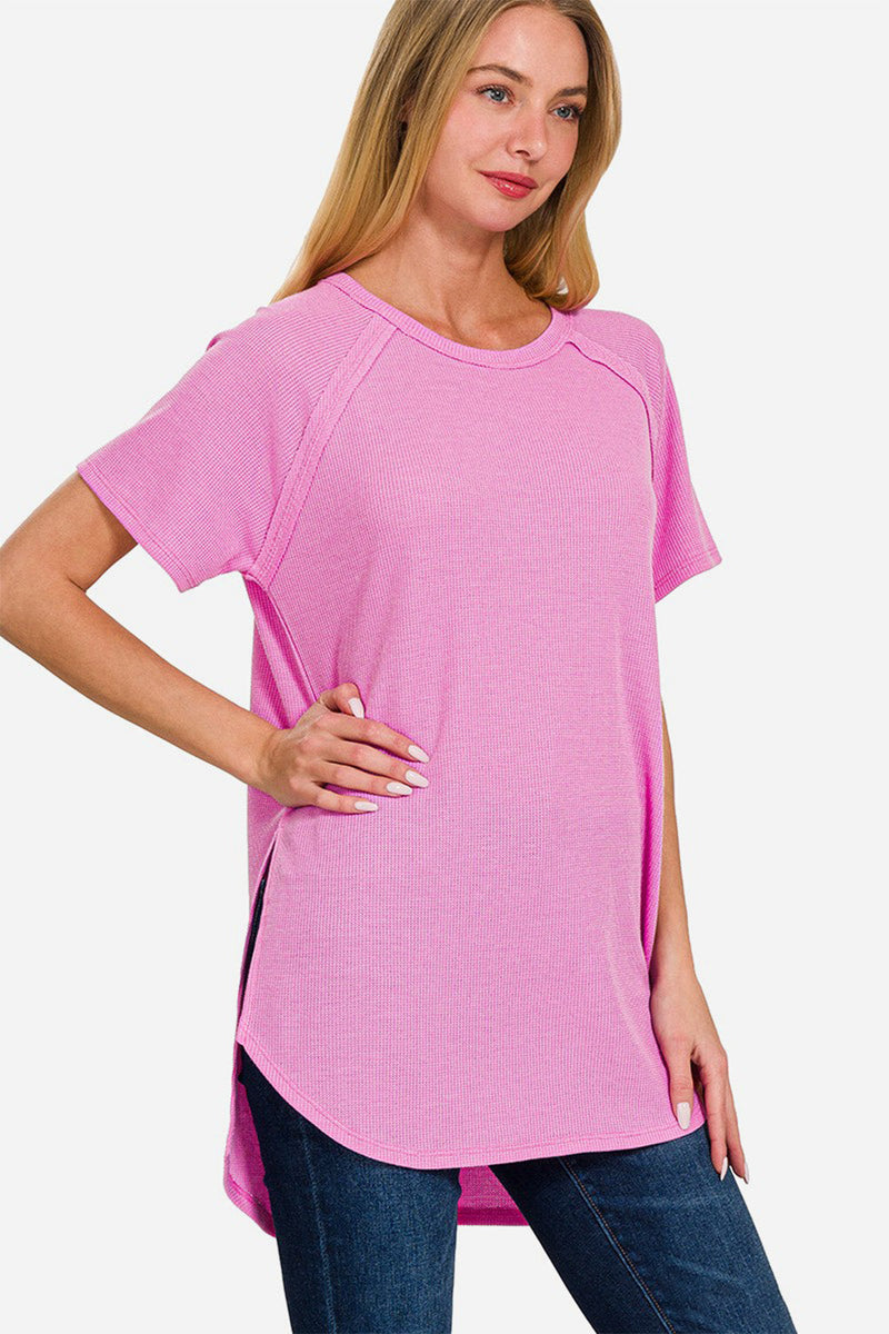 Zenana Slit Round Neck Short Sleeve Waffle Top Trandify deal