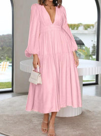 Deep V-Neck Balloon Sleeve Plain Maxi Dress Trandify deal