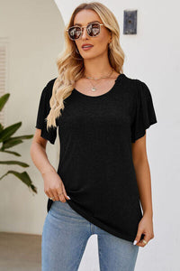 Smocked Round Neck Flutter Sleeve T-Shirt Trandify deal