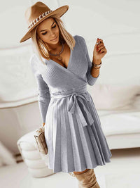 Surplice Neck Tie Front Pleated Sweater Dress Trandify deal