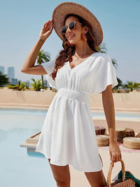 Smocked V-Neck Short Sleeve Dress Trandify deal
