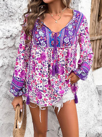 Devine Printed Tie Neck Long Sleeve Blouse Trandify deal