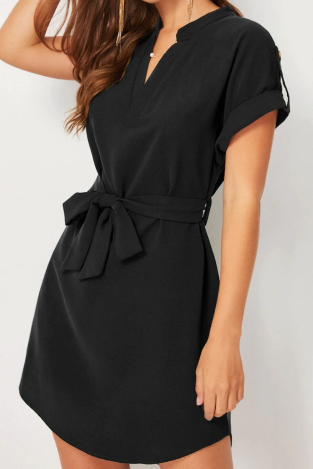 Tied Notched Short Sleeve Dress Trandify deal