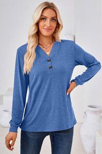 Notched Button Detail Long Sleeve T-Shirt Trandify deal