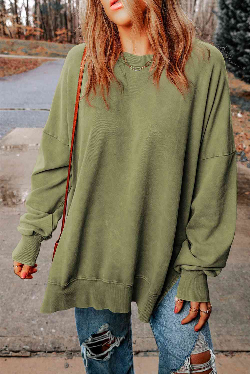 Dropped Shoulder Round Neck Long Sleeve Blouse Trandify deal