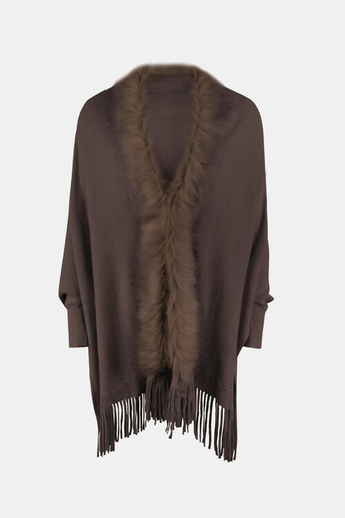 Fringe Open Front Long Sleeve Poncho Trandify deal