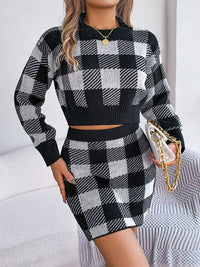 Plaid Round Neck Top and Skirt Sweater Set Trandify deal