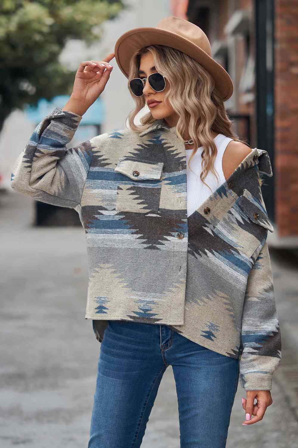 Printed Collared Neck Jacket Trandify deal