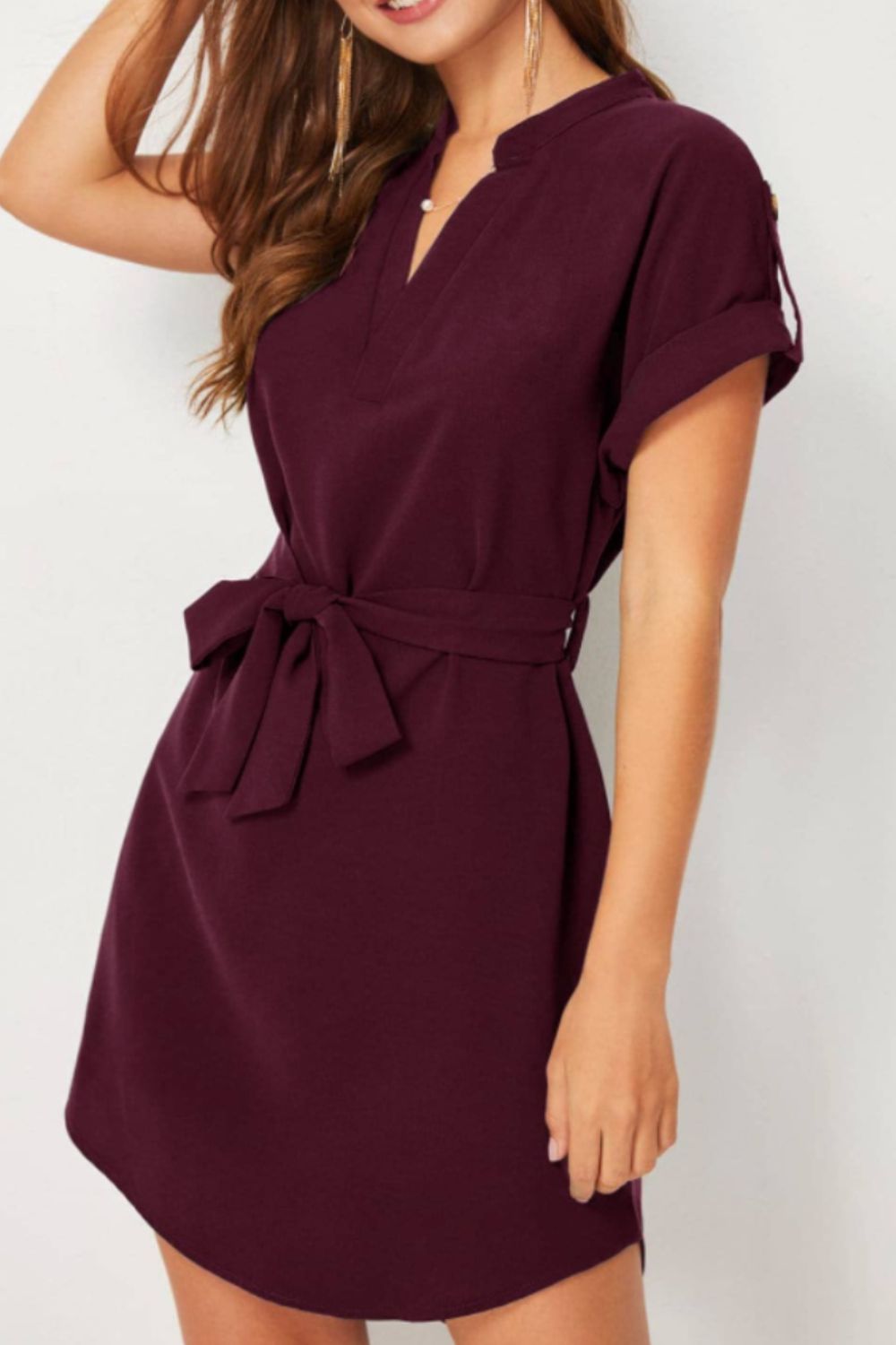 Tied Notched Short Sleeve Dress Trandify deal