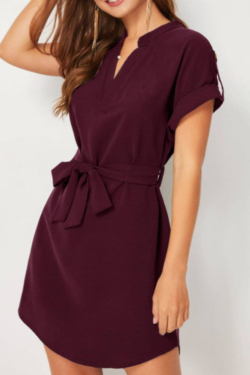 Tied Notched Short Sleeve Dress Trandify deal
