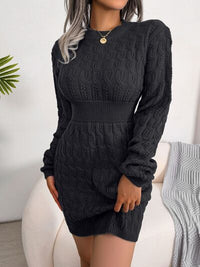 Cable-Knit Round Neck Mini Wrap Sweater Dress Trandify deal