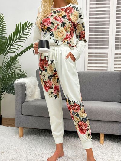 Printed Round Neck Top and Drawstring Pants Lounge Set Trandify deal
