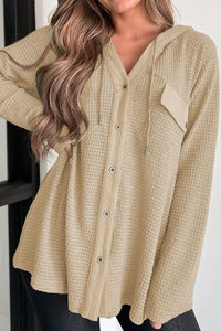 Waffle-Knit Button Up Drawstring Hoodie Trandify deal