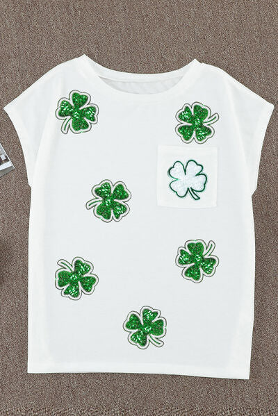 Sequin Lucky Clover Boat Neck T-Shirt Trandify deal
