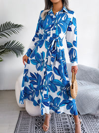 Tied Button Up Long Sleeve Dress Trendsi