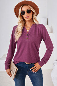 Notched Button Detail Long Sleeve T-Shirt Trandify deal