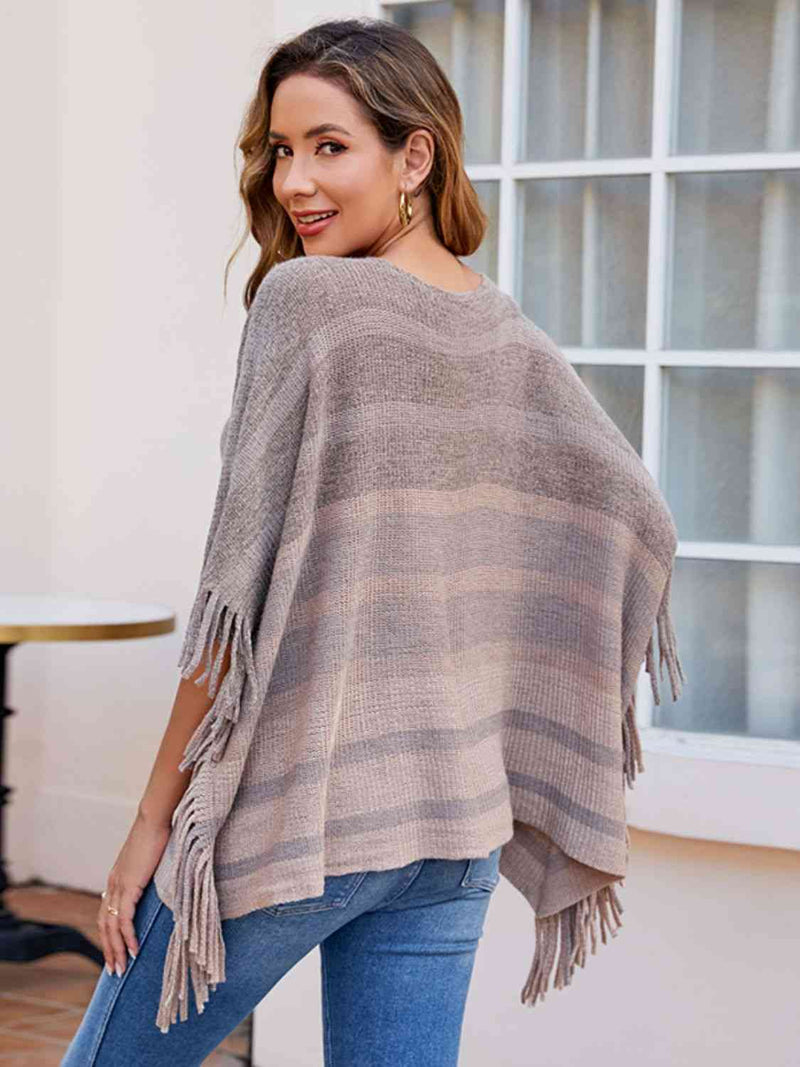 Striped Boat Neck Poncho with Fringes Trandify deal