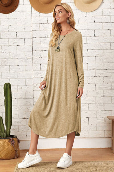 Pocketed Round Neck Long Sleeve Tee Dress Trandify deal
