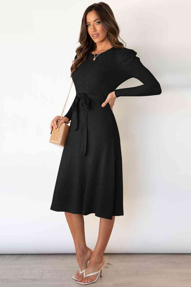 Round Neck Long Sleeve Tie Waist Sweater Dress Trandify deal