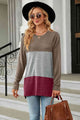 Color Block Round Neck Long Sleeve Slit T-Shirt Trandify deal