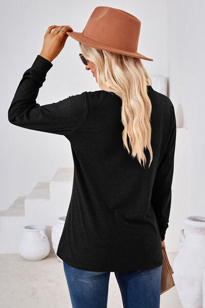 Notched Button Detail Long Sleeve T-Shirt Trandify deal