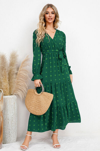 Swiss Dot Tied Surplice Flounce Sleeve Dress Trandify deal