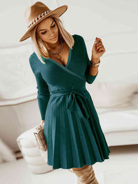 Surplice Neck Tie Front Pleated Sweater Dress Trandify deal