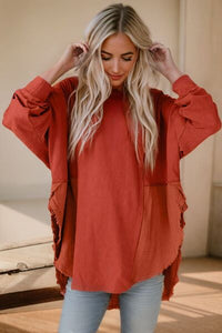 Contrast Texture Round Neck Long Sleeve Blouse Trandify deal