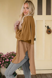 Contrast Texture Round Neck Long Sleeve Blouse Trandify deal